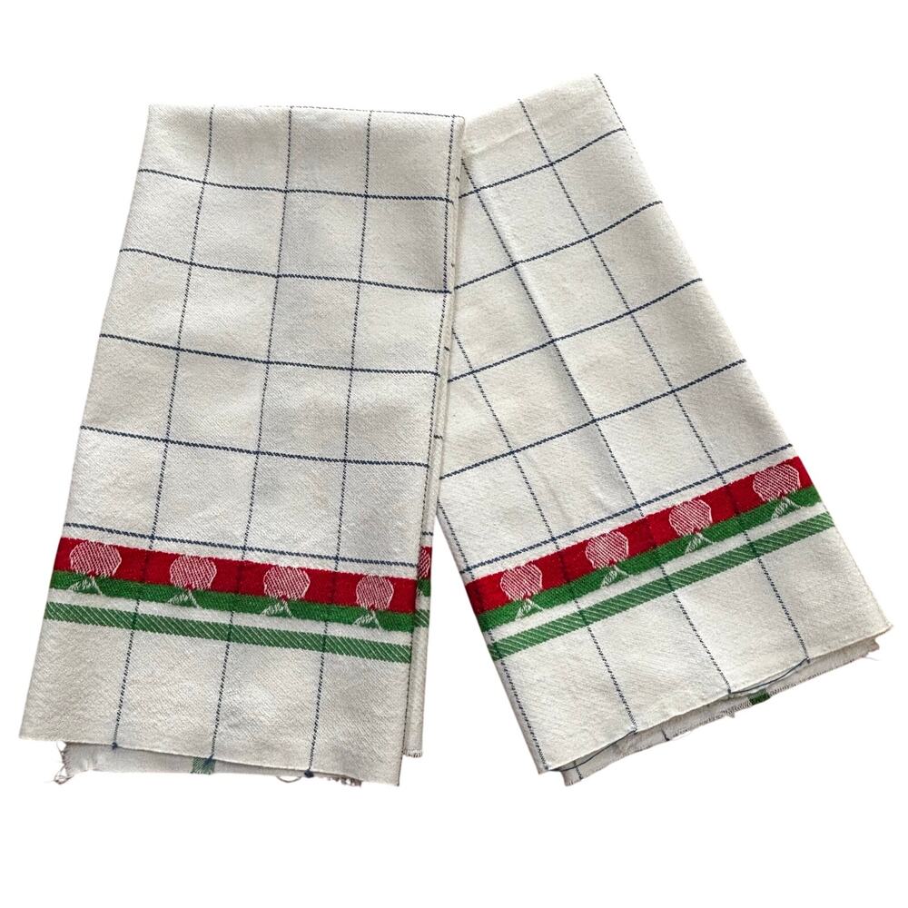 FIVE kitchen tea towels woven cotton cloth white blue red apple motif unfinished